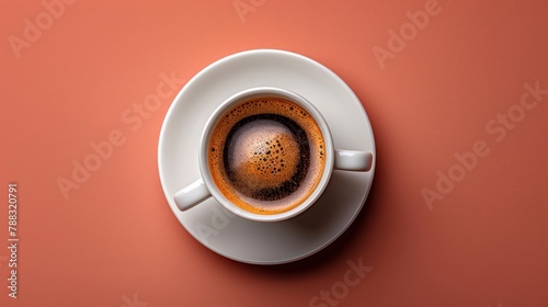 white cup and saucer with freshly brewed strong black espresso coffee with crema isolated beverage design element top view flat layillustration