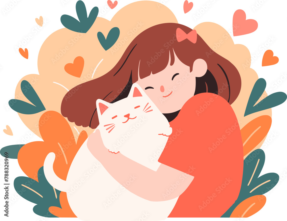 Vector illustration of a girl with a big smile hugging her white cat, surrounded by hearts and foliage. Vector illustration of a girl with a big smile hugging her white cat, surrounded by hearts and foliage.
