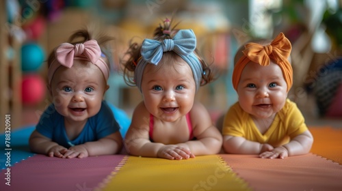 cute babys at a yoga class having fun, yoga pose on a mat, pastel color palette, smiles and laughs