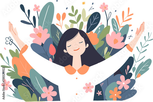 Vector illustration of a woman with arms outstretched, celebrating, spring symbol.