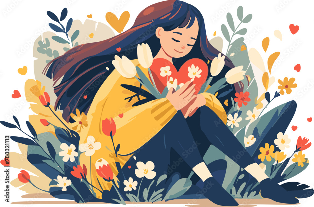 Vector illustration of a woman sitting and holding a heart, enveloped in colorful flowers, love and joy, spring or summer season symbol. Flat design. Vector illustration of a woman sitting and holding a heart, enveloped in colorful flowers, love and joy, spring or summer season symbol. Flat design.