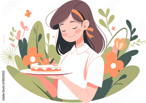 Vector illustration of a smiling girl presenting a freshly baked pie, framed by floral accents