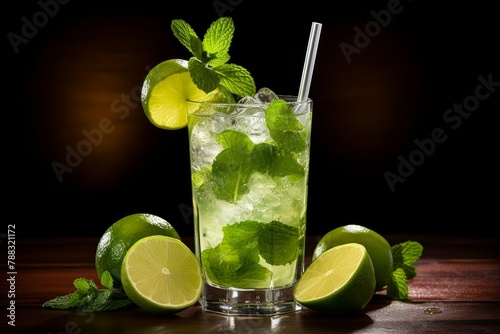 Fizzy Fresh mojito green drink. Summer ice bar. Generate Ai