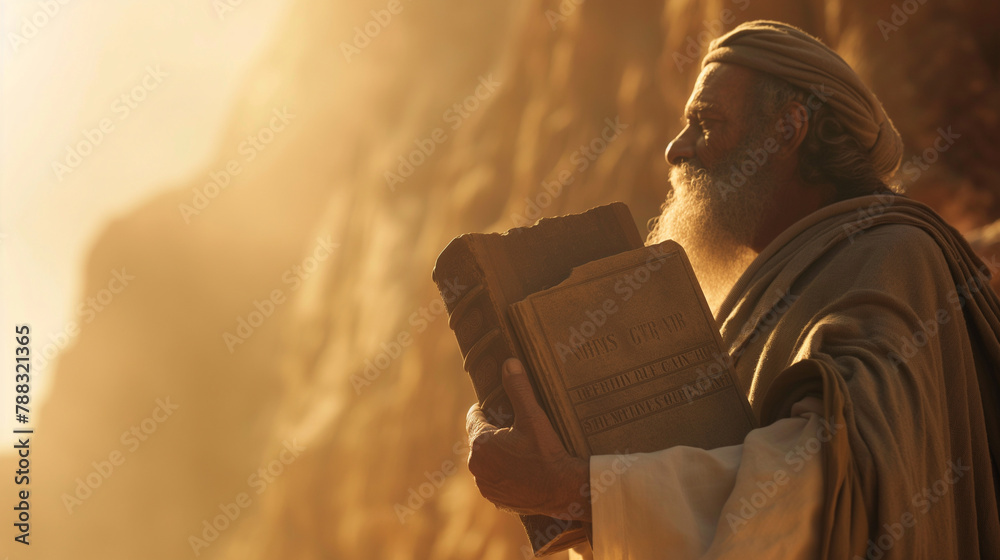 Moses holding the Ten Commandments with Mount Sinai blurred in the background. The natural light highlights the stone tablets. , natural light, soft shadows, with copy space - obrazy, fototapety, plakaty 