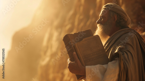 Moses holding the Ten Commandments with Mount Sinai blurred in the background. The natural light highlights the stone tablets. , natural light, soft shadows, with copy space