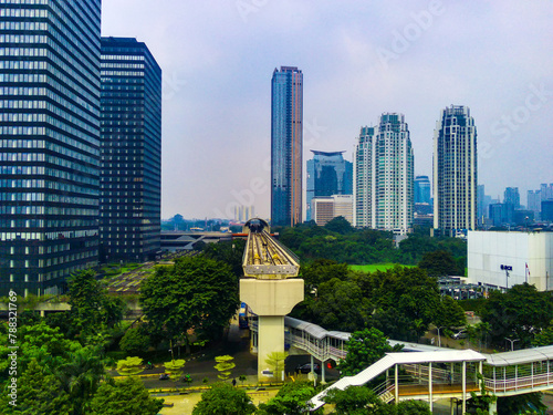 Aerial view of The Jabodebek LRT or Light Rail Transit track in Jakarta, Indonesia. © Neilstha Firman