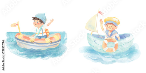 cute sailor on boat watercolor vector illustration