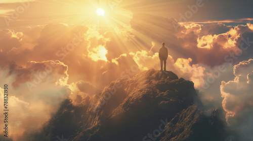 A man praying on a mountaintop, looking towards a radiant depiction of God in the sky above. , natural light, soft shadows, with copy space