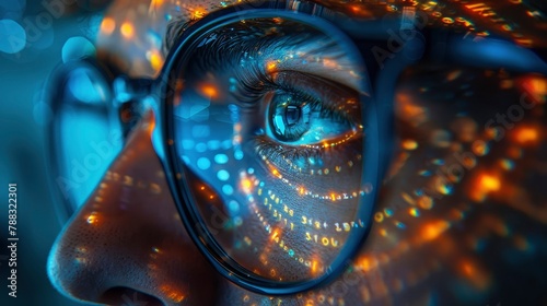 data reflecting on eyeglasses on man s face computrer programmer big data and ux designer conceptimage illustration