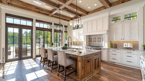 traditional kitchen in beautiful new luxury home with hardwood floors wood beams and large island quartz counters includes farmhouse sink elegant pendant lights and large windowsillustration