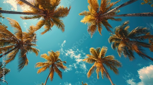 blue sky and palm trees view from below vintage style tropical beach and summer background travel conceptimage illustration