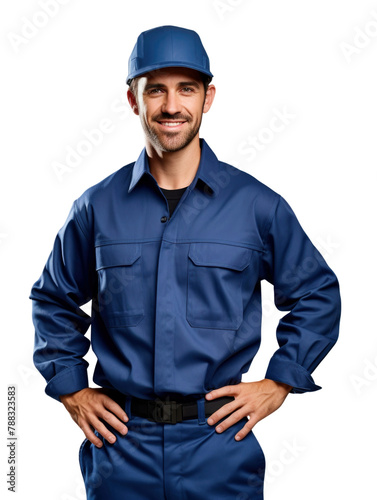 technical man wear blue uniform in white background