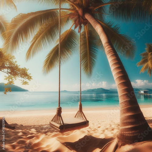 A beautiful tropical beach with palm trees and swings. Tinted.