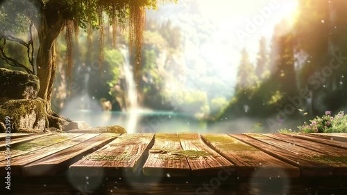 Empty wooden table with fairytale landscape background