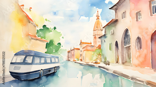 Canal Boat Tour in Historic European Town Watercolor Painting