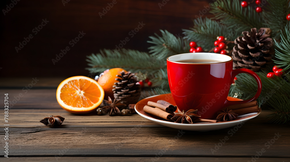 Winter Spice Tea in Red Cup with Cinnamon and Orange Slice Christmas Arrangement Winter Spice Tea in Red Cup with Cinnamon and Orange Slice Christmas Arrangement