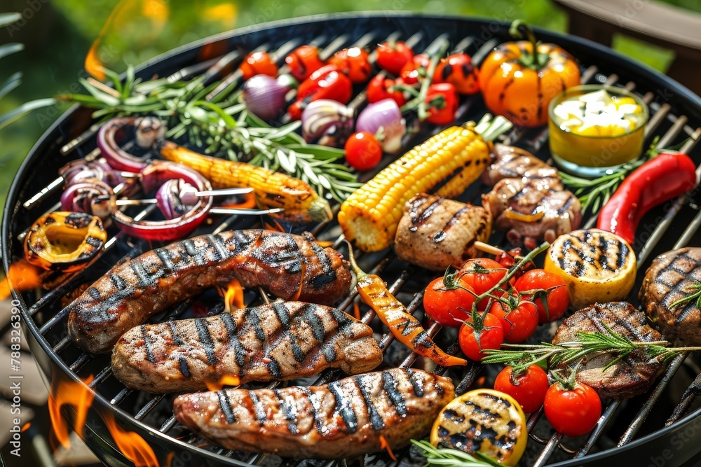 Grilled meat with vegetables on barbecue grill with smoke and flames in backyard, Generative AI Grilled meat with vegetables on barbecue grill with smoke and flames in backyard, Generative AI