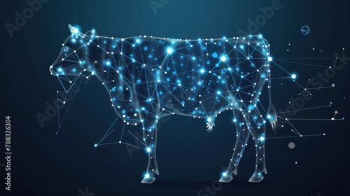 Abstract image of a cow in the form of a starry sky or space, consisting of points, lines, and shapes in the form of planets, stars and the universe. AI generated photo