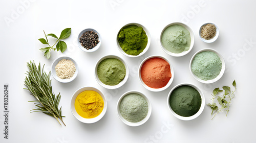 Variety of Herbal Powders and Fresh Herbs in White Bowls on White Background