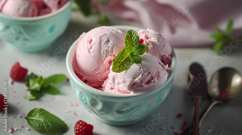 Fresh Raspberry Ripple Ice Cream with Mint Garnish in Turquoise Bowl