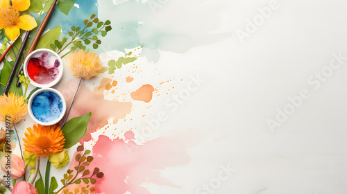 Creative Watercolor Composition with Flowers and Paints on White Background