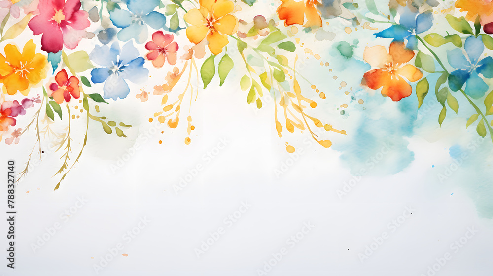 Bright Watercolor Floral Garland on White Background