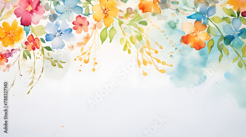 Bright Watercolor Floral Garland on White Background
