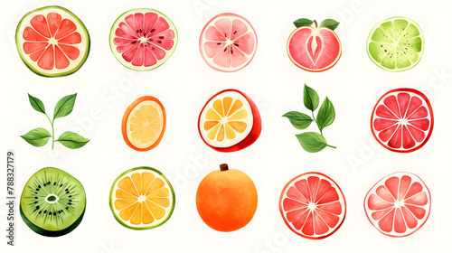 Assorted Watercolor Citrus Fruits and Leaves Illustration