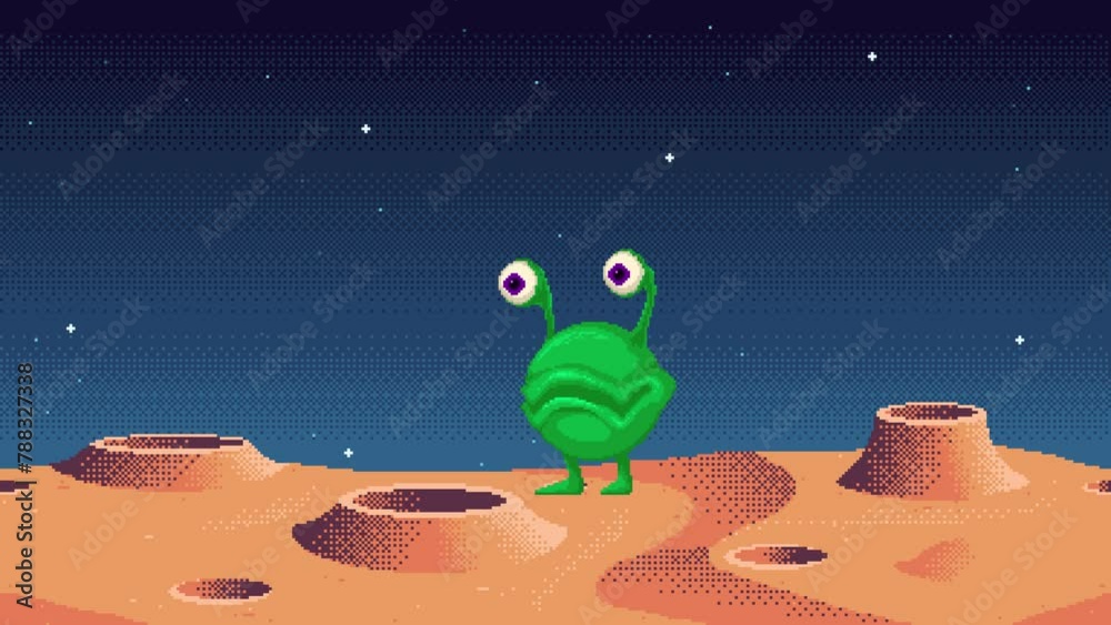 Swl Animation Looping animation of pixel art alien monster stands on planet surface ...