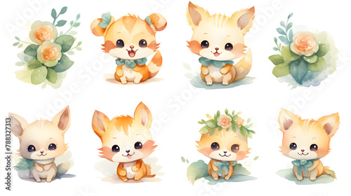 Adorable Watercolor Animals with Flowers