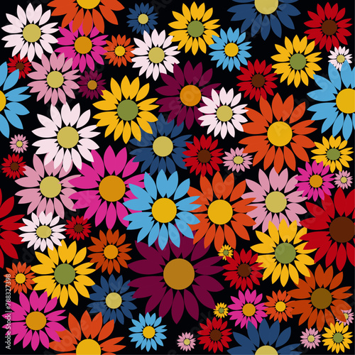 Seamless vector floral pattern. Spring  summer blossom flower garden design. Printing with different colorful flowers illustration on black background