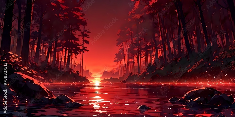 Lake landscape, red background, anime background, digital art, illustration
