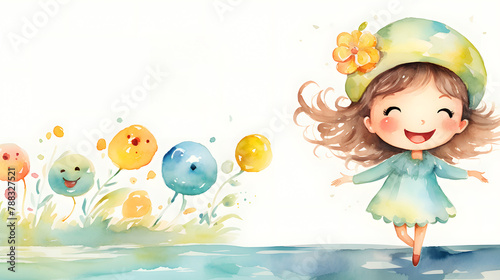 Playful Girl with Whimsical Balloons in Watercolor Style