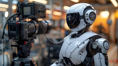 advanced humanoid robot filmmaker demonstrating sora text to video ai model in a high tech videography studio setting with camera equipment soraimage illustration photo
