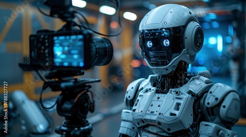 advanced humanoid robot filmmaker demonstrating sora text to video ai model in a high tech videography studio setting with camera equipment soraphoto illustration photo