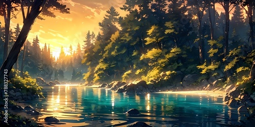 Lake landscape, yellow background, anime wallpaper, sunset photo