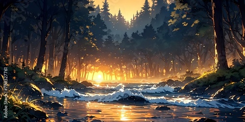 Lake landscape, yellow background, anime background, forest