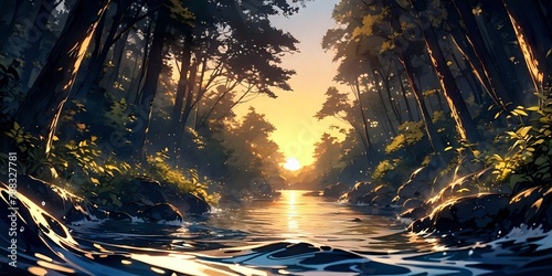 Lake landscape, yellow background, forest, anime background,