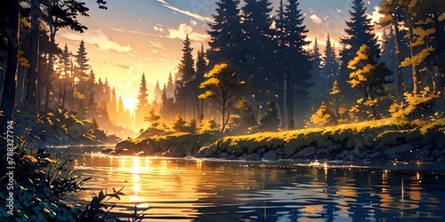 Lake landscape, yellow background, anime wallpaper