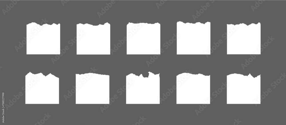 Set of of torn, ripped pieces of white color paper. Torn sheet of paper from a notebook. Sticky Vector Note. Set of of torn, ripped pieces of white color paper. Torn sheet of paper from a notebook. Sticky Vector Note.