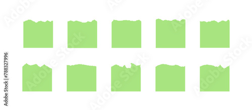 Set of of torn, ripped pieces of lime green color paper. Torn sheet of paper from a notebook. Sticky Vector Note.