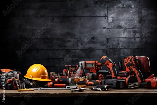 Construction equipment tool on a dark background. 3d rendering, 3d illustration. photo
