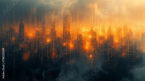 The orange light road lines up with the city of Shanghai  China in a white background  surrounded by mist and smoke  forming an abstract line map of science fiction architecture with a technology sens