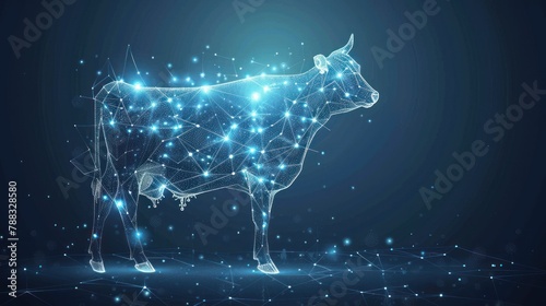 Abstract image of a cow in the form of a starry sky or space, consisting of points, lines, and shapes in the form of planets, stars and the universe. AI generated © MUCHIB