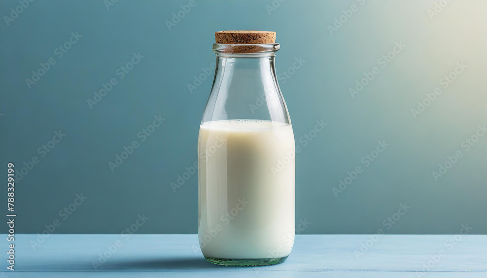 Glass bottle of milk on top of blue counter. Tasty and healthy beverage. Fresh drink. Glass bottle of milk on top of blue counter. Tasty and healthy beverage. Fresh drink.
