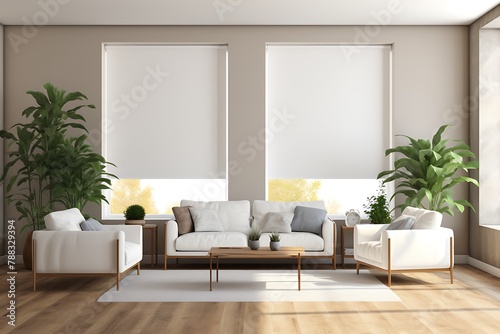 Modern interior with white sofa  plant and window. 3d render