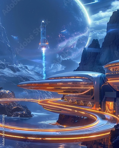 A spaceship launching from a futuristic spaceport, photo