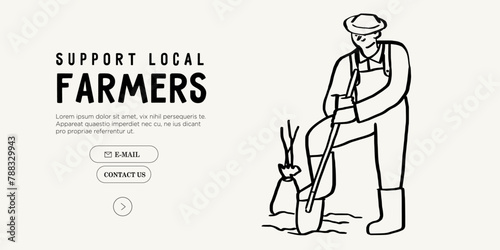 Local agricultural worker planting and gathering crops, young male farmer planting plant shoots in the ground using shovel. Start of planting period. Minimal simple contemporary vector illustration.