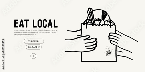 Paper package with vegetables from local market. Healthy eco food. Sustainable lifestyle. Support local farmers banner, flyer, web landing page, poster or placard in trendy charcoal simple line style.
