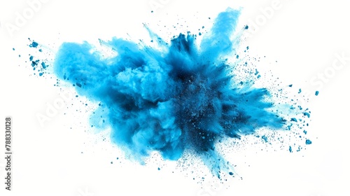 bright cyan blue holi paint color powder festival explosion burst isolated. white background. industrial print concept background hyper realistic 